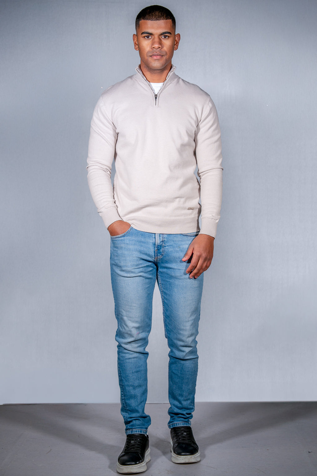 Cotton Blend Quarter Zip Jumper Beige