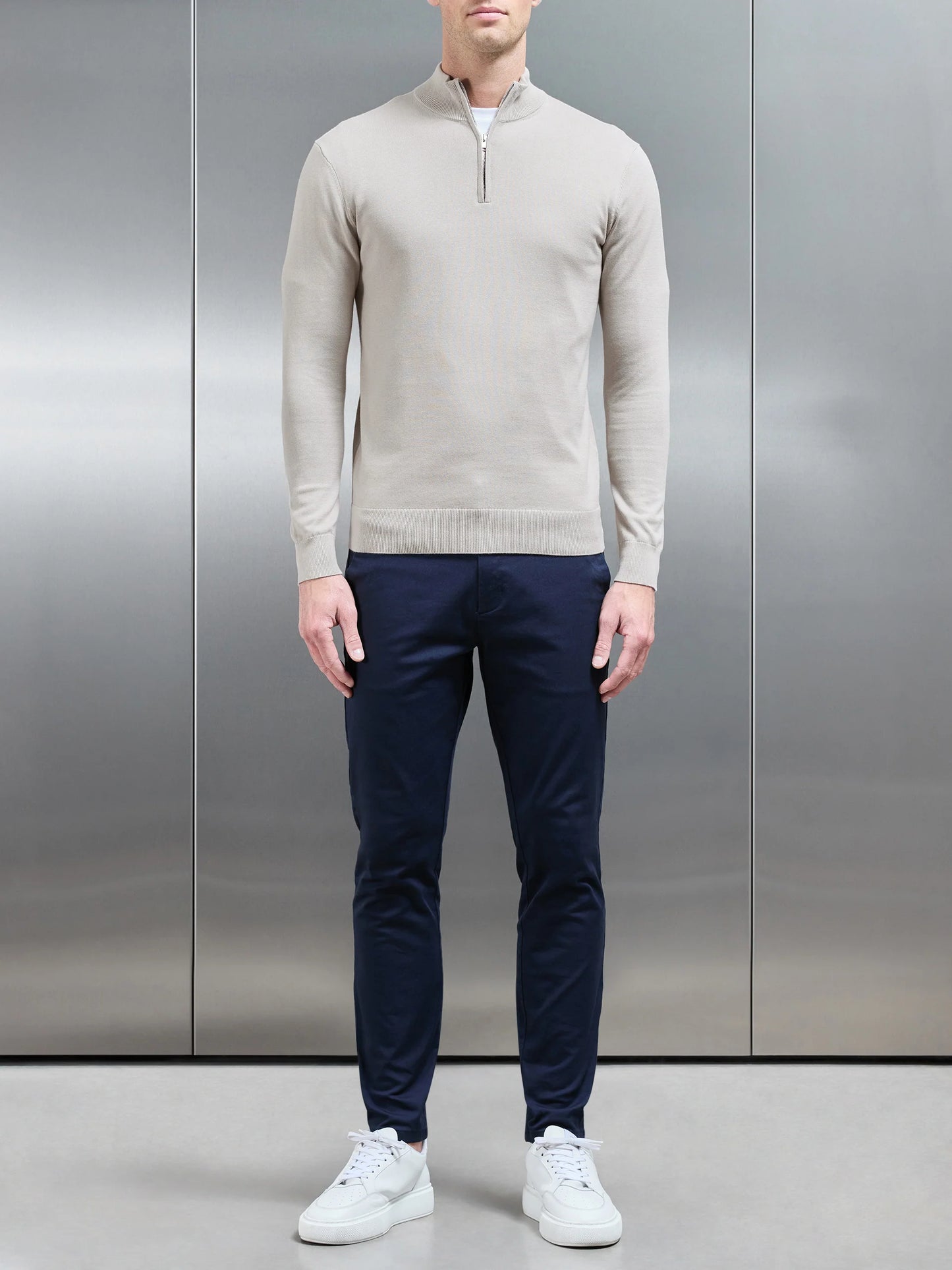 Cotton Blend Quarter Zip Jumper Beige